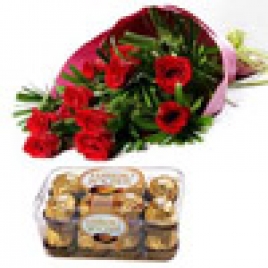 10 Red Roses Bunch With 16 Pcs Ferrero Rocher Box